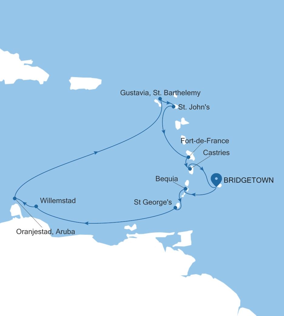 Silver Spirit Southern Caribbean Featuring St. Lucia & St. Barts voyage SL280229011 itinerary map