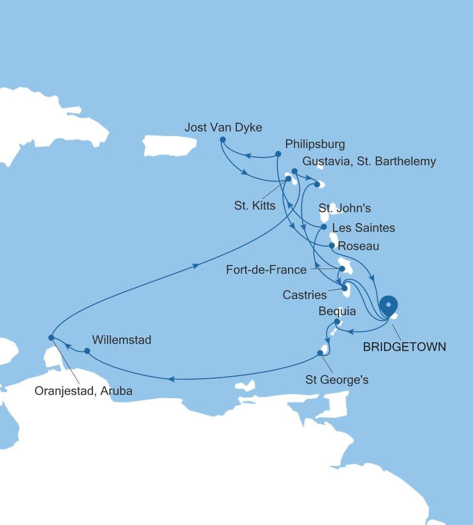 Silver Spirit Southern Caribbean Featuring Aruba & St. Lucia voyage SL280229C18 itinerary map