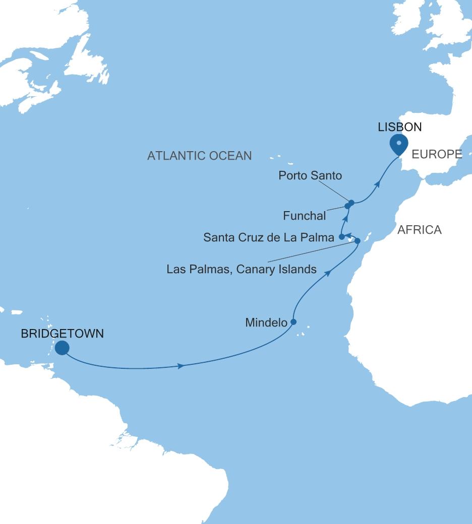 Silver Spirit Transatlantic Crossing Featuring Spain & Portugal voyage SL280318014 itinerary map