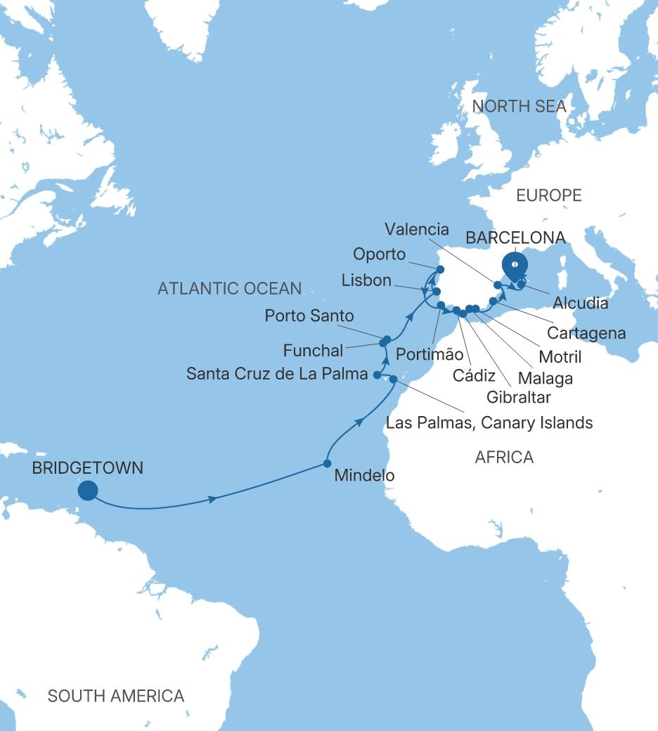 Silver Spirit Transatlantic Crossing Featuring Portugal & Spain voyage SL280318C26 itinerary map