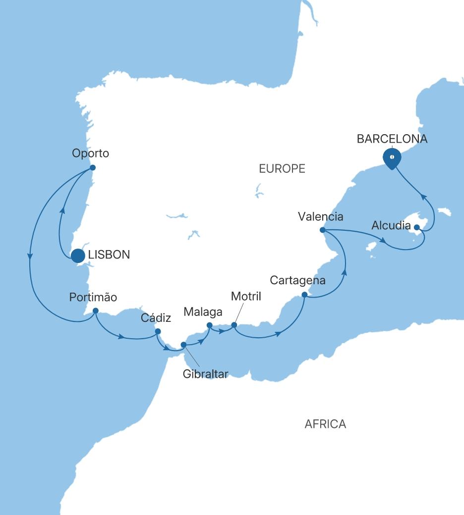Silver Spirit Spain & Portugal Featuring the Semana Santa Lorca voyage SL280401012 itinerary map