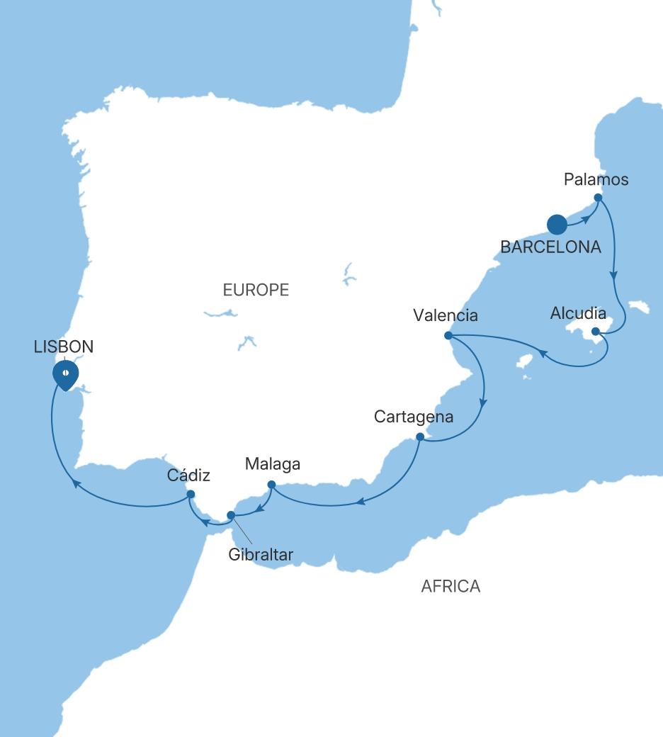Silver Spirit Spain Featuring Málaga & the Feria de Sevilla voyage SL280413010 itinerary map