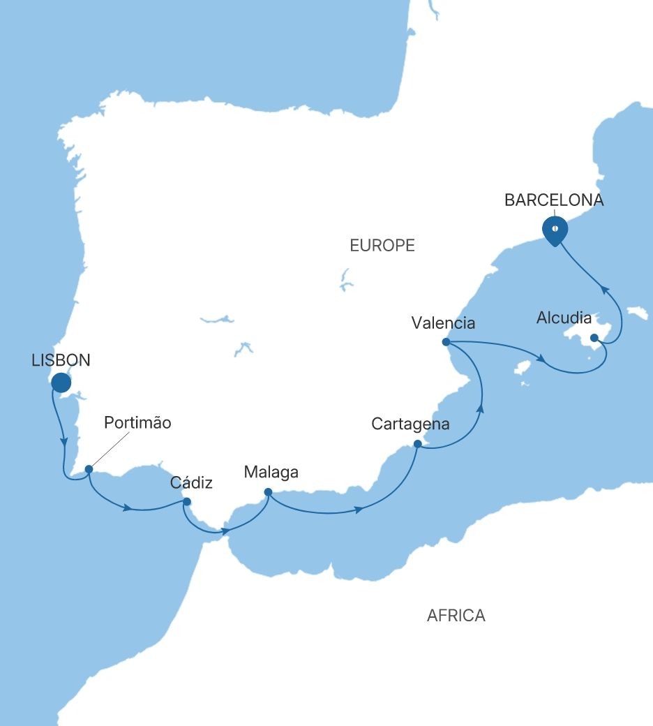 Silver Spirit Lisbon to Barcelona voyage SL280423010 itinerary map