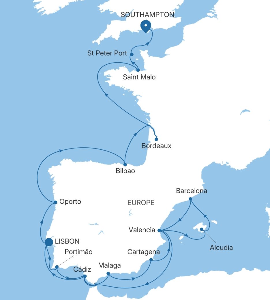 Silver Spirit Lisbon to Southampton voyage SL280423C25 itinerary map