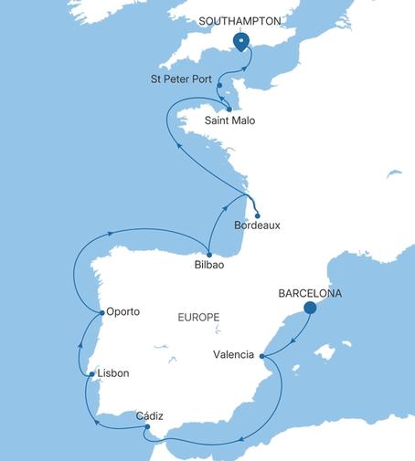 Silver Spirit Spain, Portugal & France Featuring Bordeaux voyage SL280503015 itinerary map