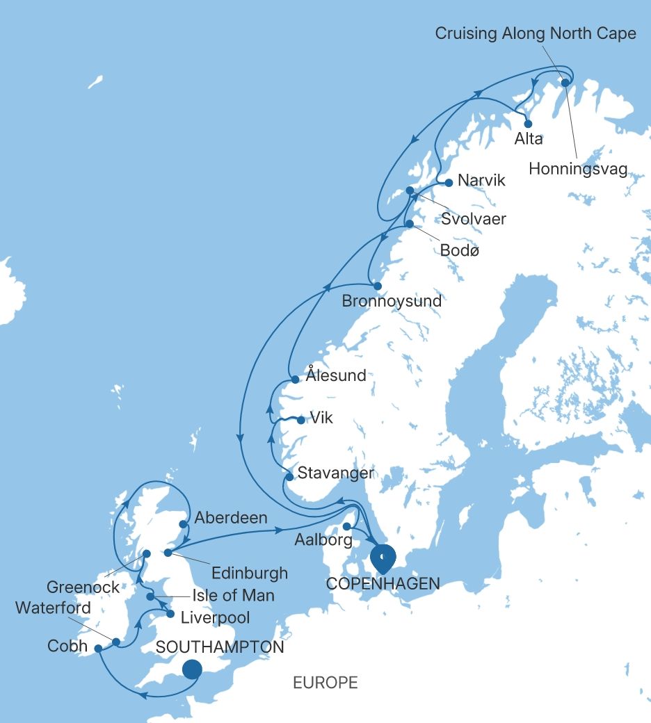 Silver Spirit Norwegian Fjords & the British Isles Featuring Scotland voyage SL280518C28 itinerary map