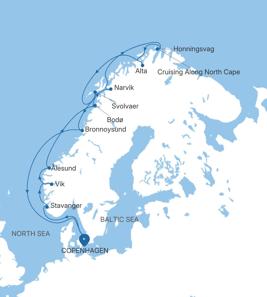 Silver Spirit Norwegian Fjords Featuring North Cape & Stavanger voyage SL280530016 itinerary map
