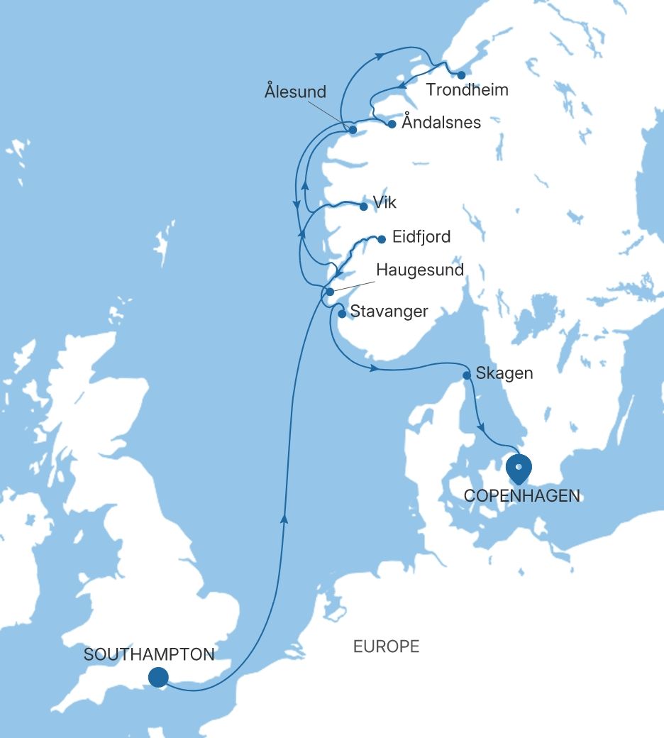 Silver Spirit Norwegian Fjords Featuring Trondheim & Stavanger voyage SL280627012 itinerary map