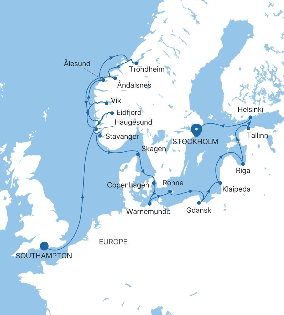 Silver Spirit Norwegian Fjords & the Baltic Featuring Denmark voyage SL280627C22 itinerary map