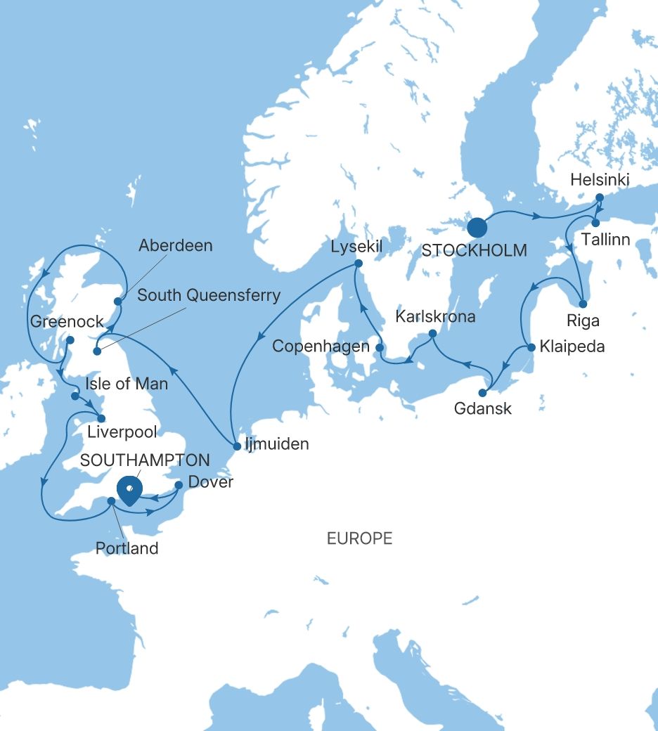 Silver Spirit The Baltic & the British Isles Featuring Sweden voyage SL280719C22 itinerary map