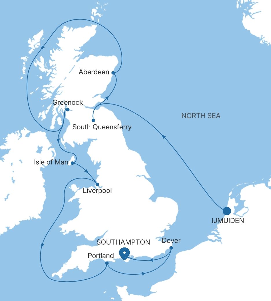 Silver Spirit The British Isles Featuring Edinburgh & Liverpool voyage SL280729012 itinerary map