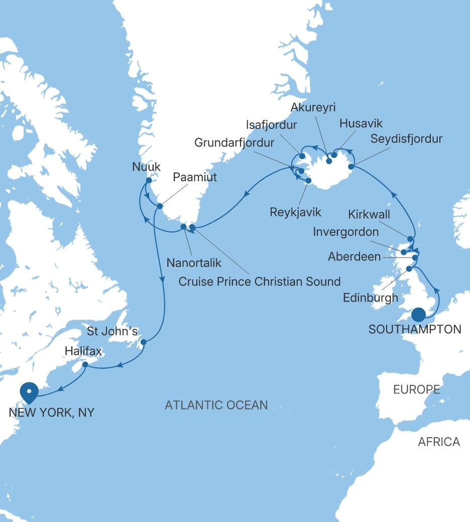 Silver Spirit The British Isles, Iceland & Greenland Featuring Nova Scotia voyage SL280810C28 itinerary map