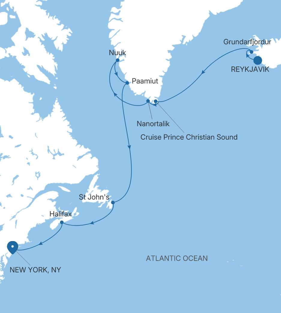 Silver Spirit Iceland, Greenland & Canada Featuring Nova Scotia voyage SL280822016 itinerary map