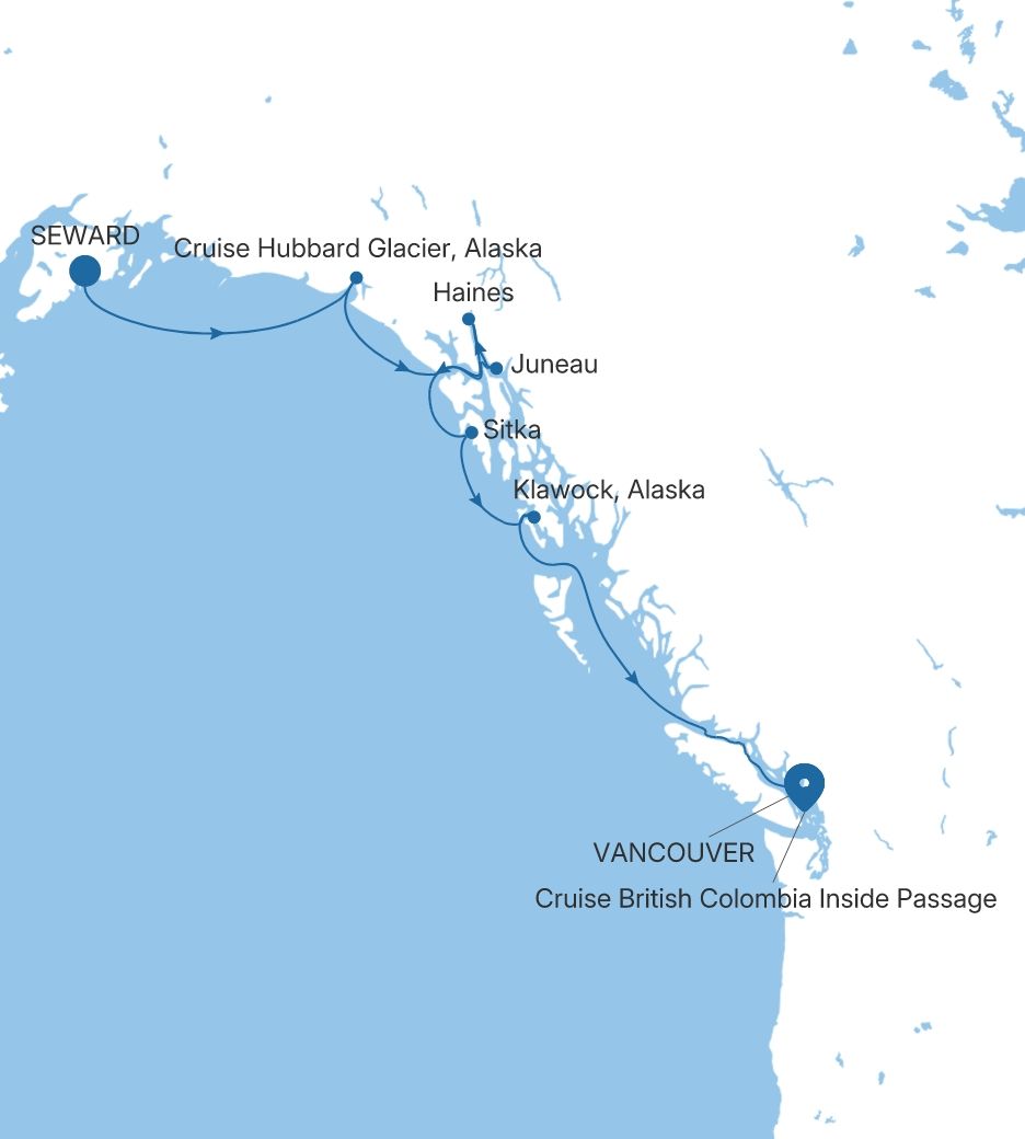Map of Silver Whisper voyage WH260827007 from Seward (Anchorage, Alaska) to Vancouver