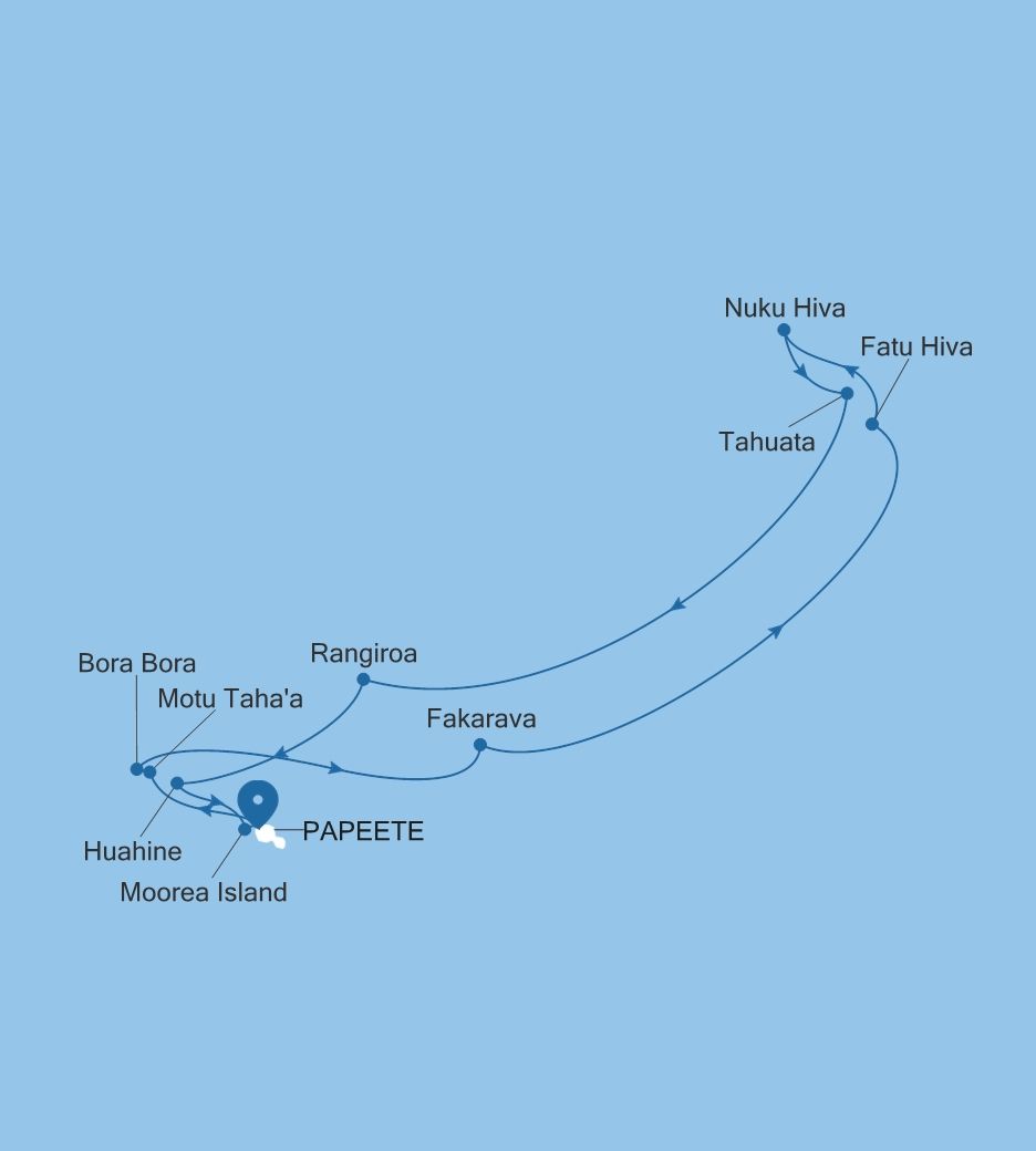 Map of Silver Whisper voyage WH261101014 from Papeete (Tahiti) to Papeete (Tahiti)