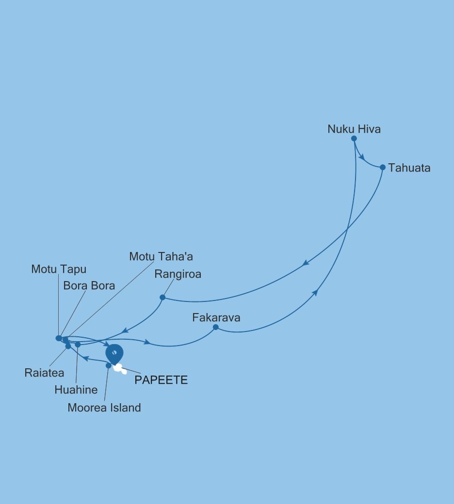 Map of Silver Whisper voyage WH261115014 from Papeete (Tahiti) to Papeete (Tahiti)