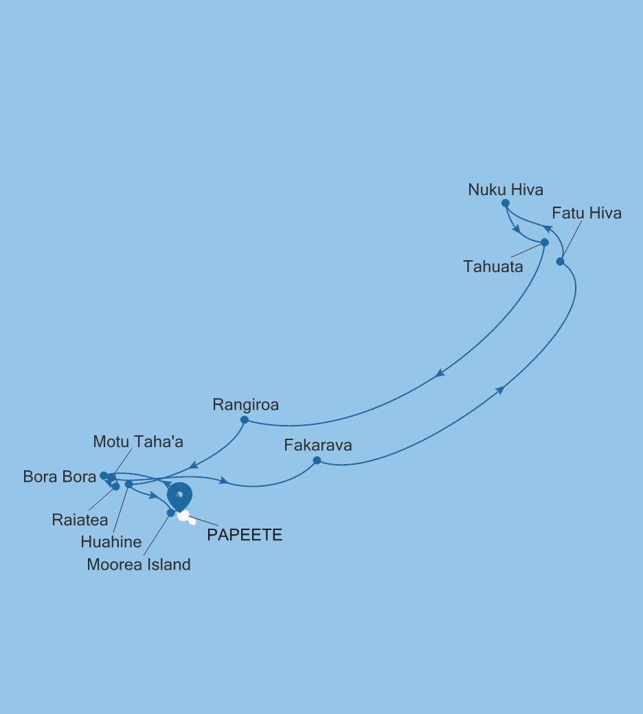 Map of Silver Whisper voyage WH261129014 from Papeete (Tahiti) to Papeete (Tahiti)