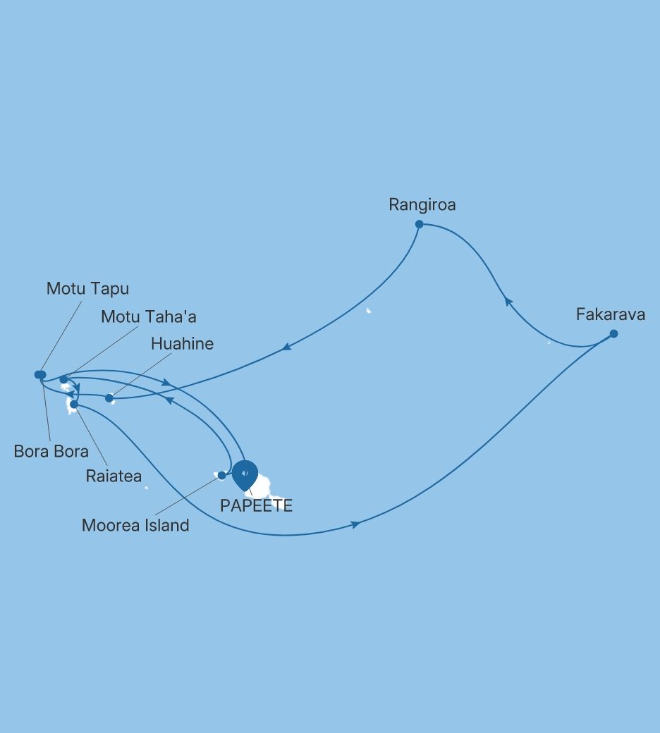 Map of Silver Whisper voyage WH270103010 from Papeete (Tahiti) to Papeete (Tahiti)