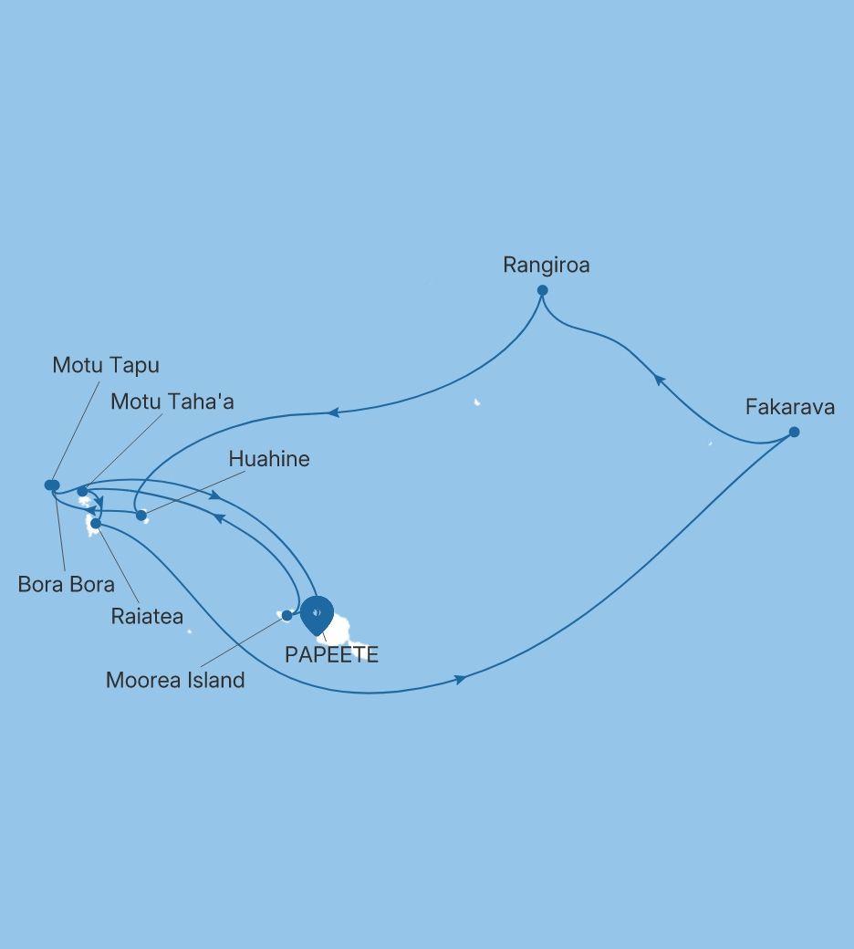 Map of Silver Whisper voyage WH270113011 from Papeete (Tahiti) to Papeete (Tahiti)