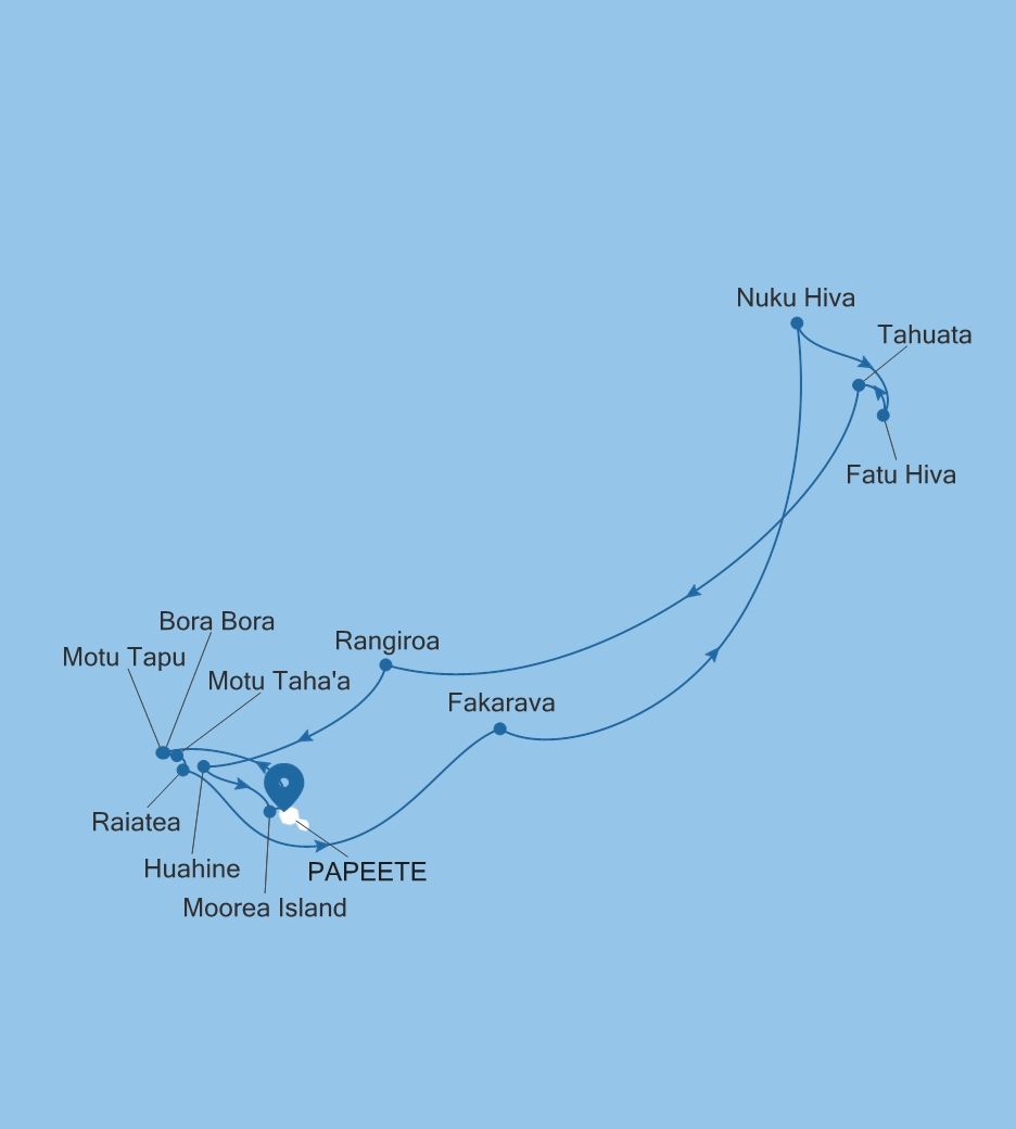 Map of Silver Whisper voyage WH270221014 from Papeete (Tahiti) to Papeete (Tahiti)