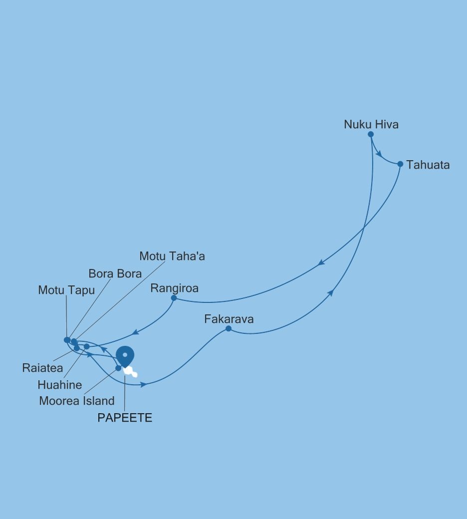 Map of Silver Whisper voyage WH270307014 from Papeete (Tahiti) to Papeete (Tahiti)