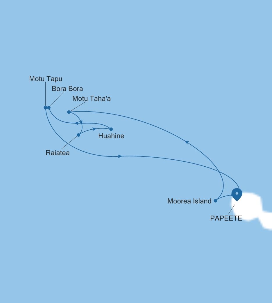Map of Silver Whisper voyage WH270411007 from Papeete (Tahiti) to Papeete (Tahiti)