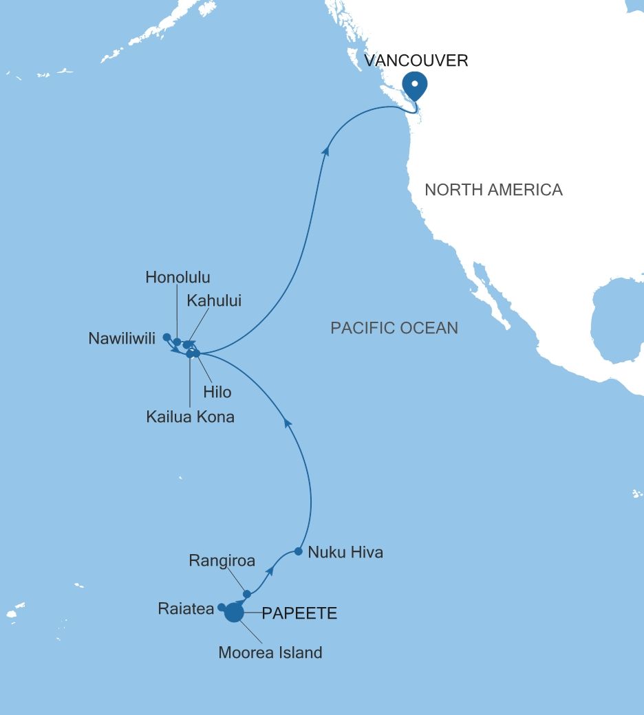 Map of Silver Whisper voyage WH270418C25 from Papeete (Tahiti) to Vancouver