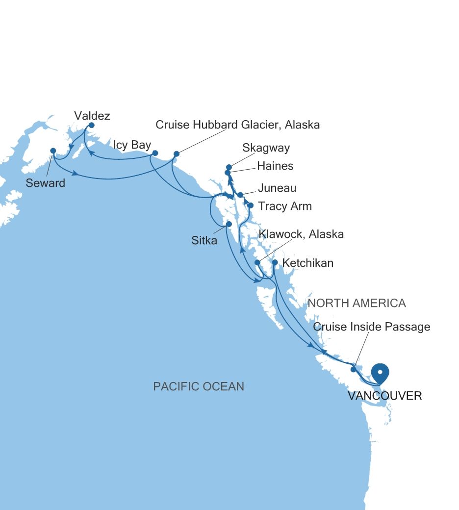Map of Silver Whisper voyage WH270617C14 from Vancouver to Vancouver