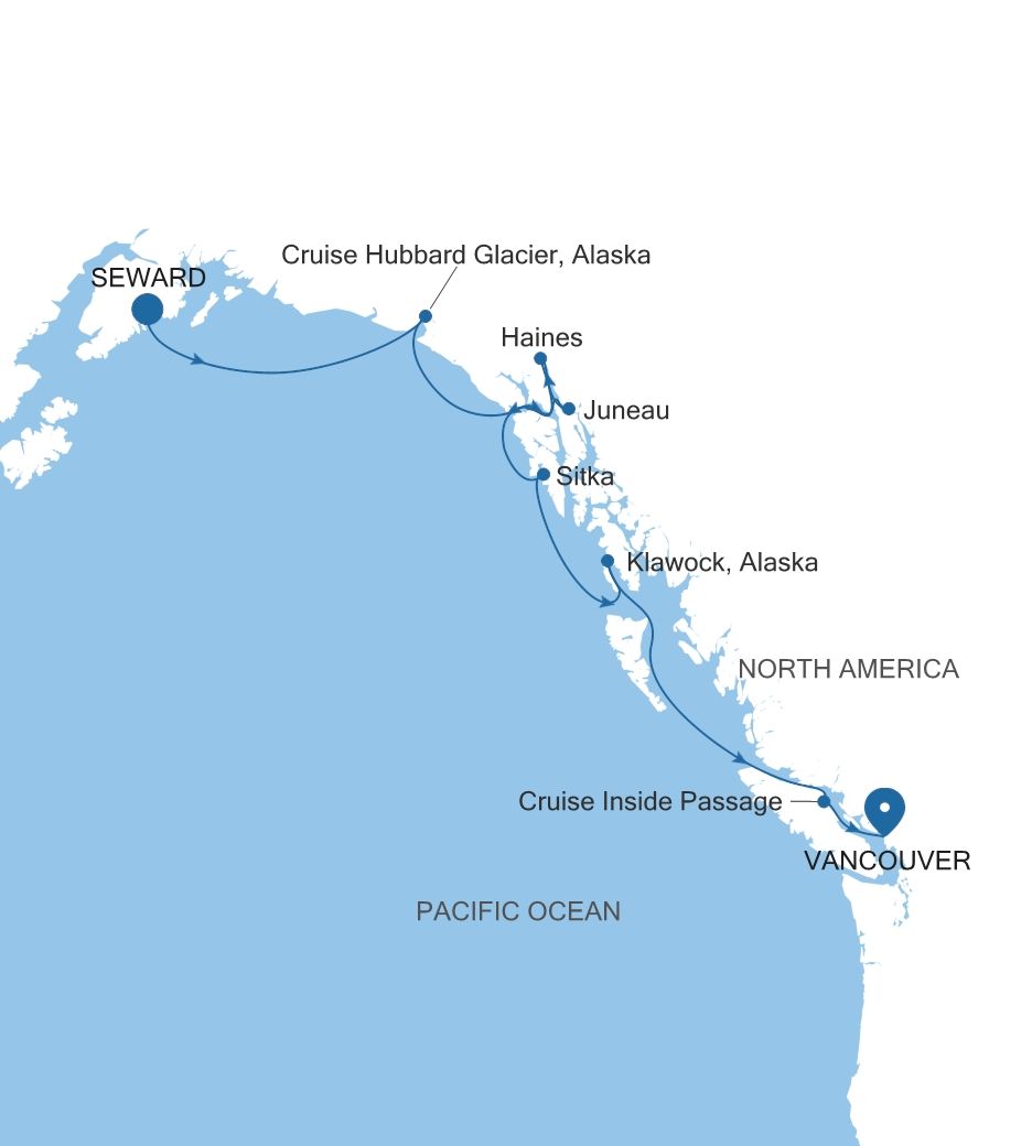 Map of Silver Whisper voyage WH270708007 from Seward (Anchorage, Alaska) to Vancouver