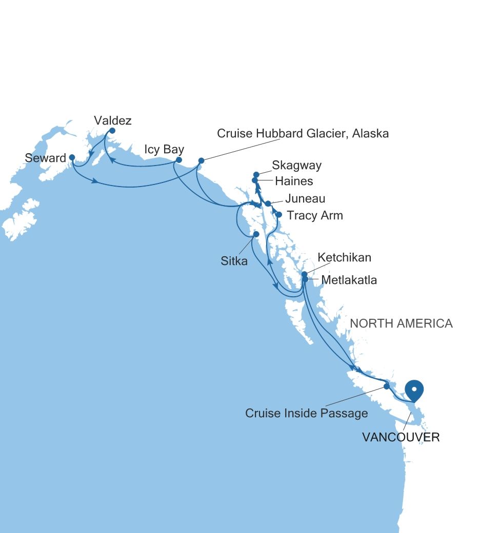 Map of Silver Whisper voyage WH270729C14 from Vancouver to Vancouver