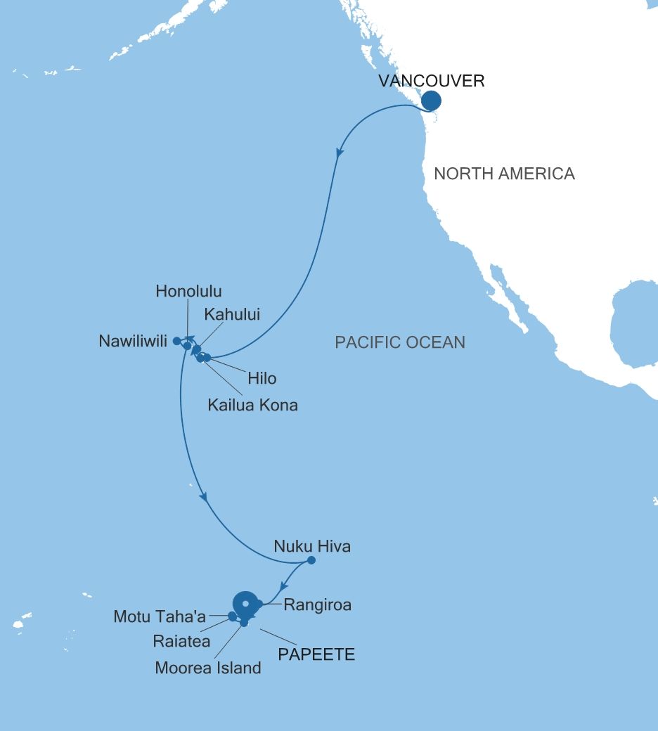 Map of Silver Whisper voyage WH270909C24 from Vancouver to Papeete (Tahiti)