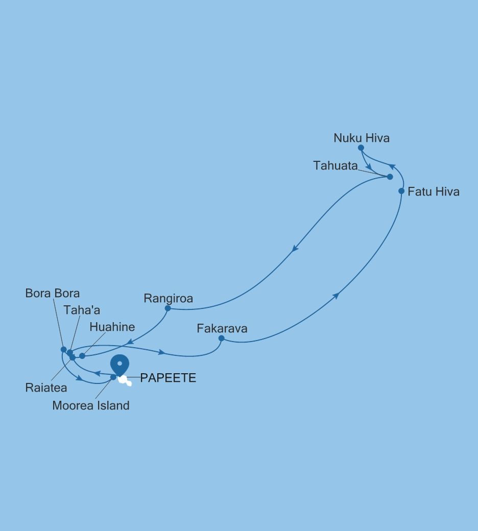 Map of Silver Whisper voyage WH271107014 from Papeete (Tahiti) to Papeete (Tahiti)