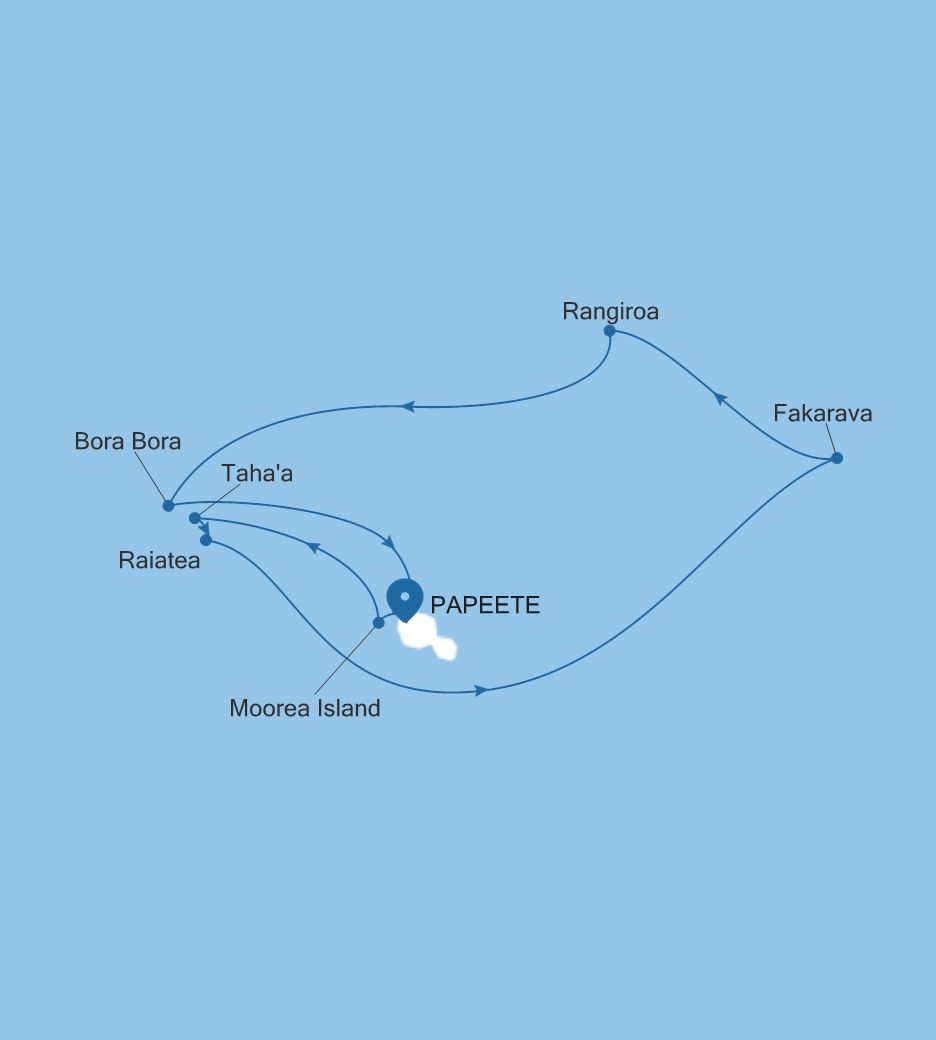 Map of Silver Whisper voyage WH280106010 from Papeete (Tahiti) to Papeete (Tahiti)