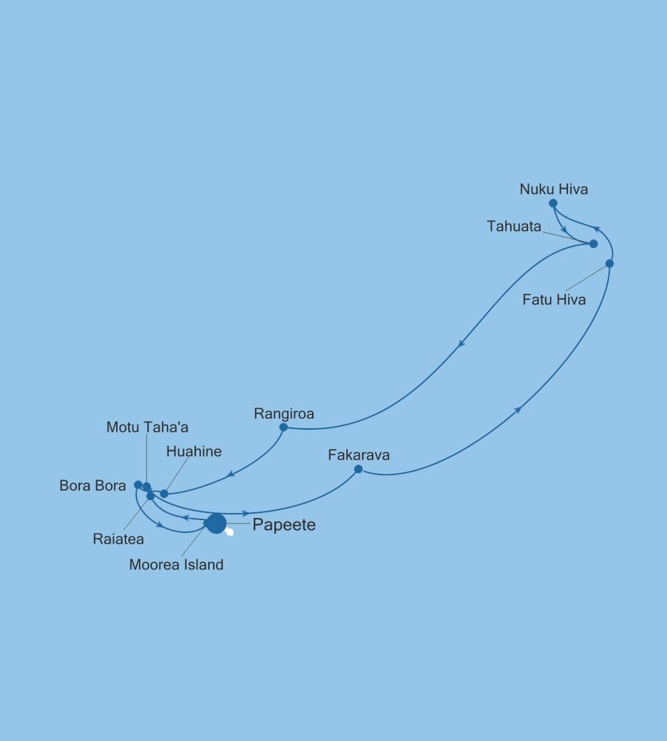 Map of Silver Whisper voyage WH280409014 from Papeete (Tahiti) to Papeete (Tahiti)