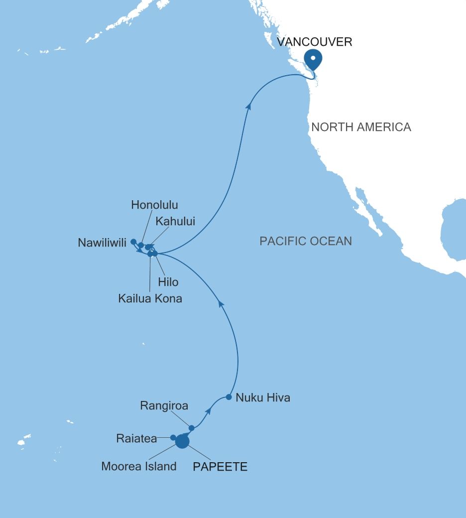 Map of Silver Whisper voyage WH280507C25 from Papeete (Tahiti) to Vancouver