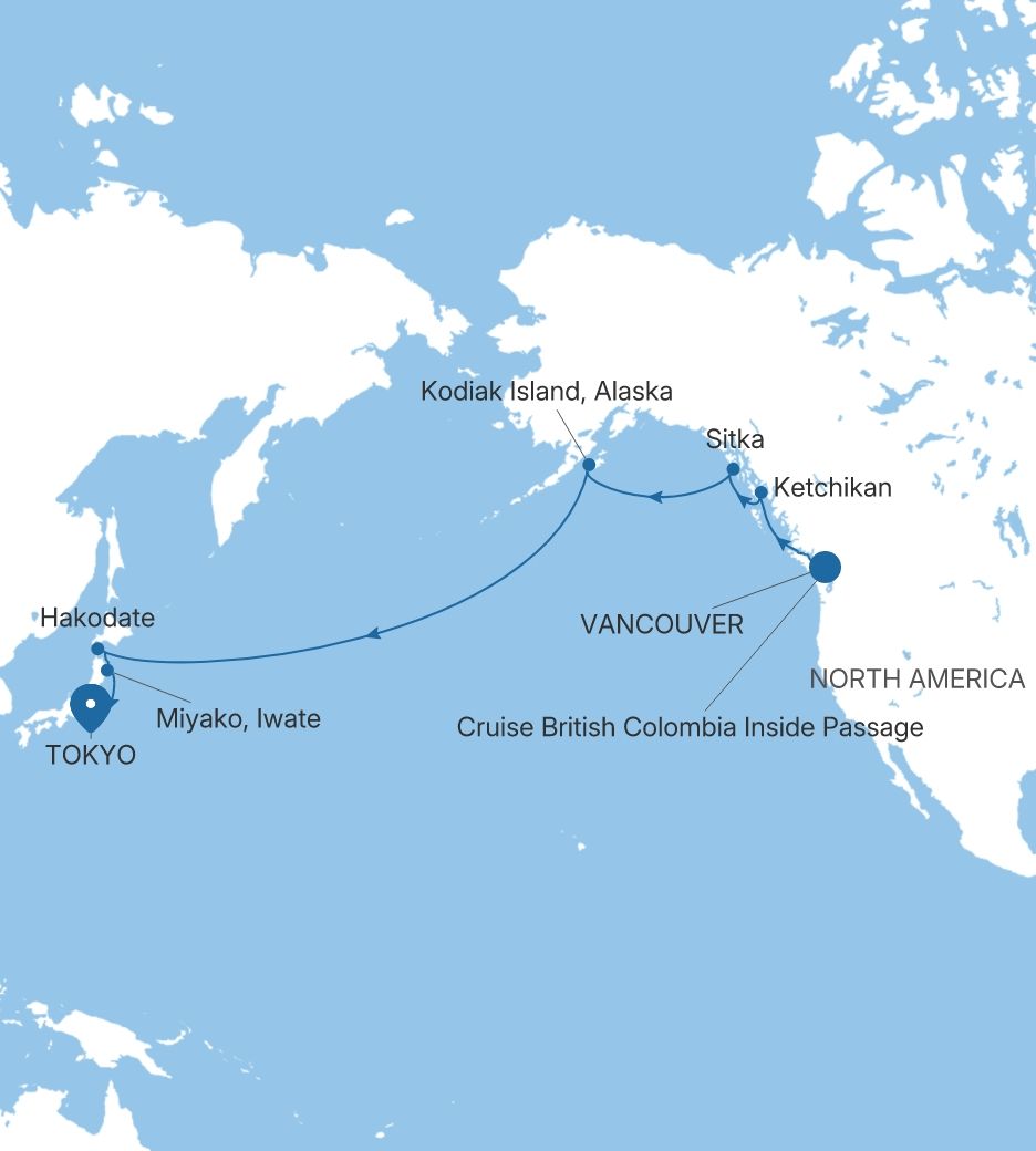 Map of Silver Whisper voyage WH280601016 from Vancouver to Tokyo