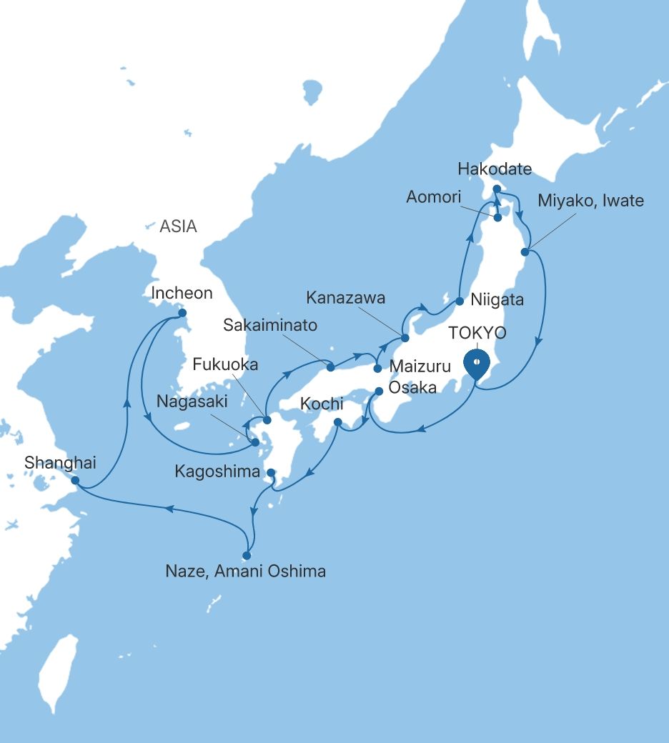 Map of Silver Whisper voyage WH280618C25 from Tokyo to Tokyo