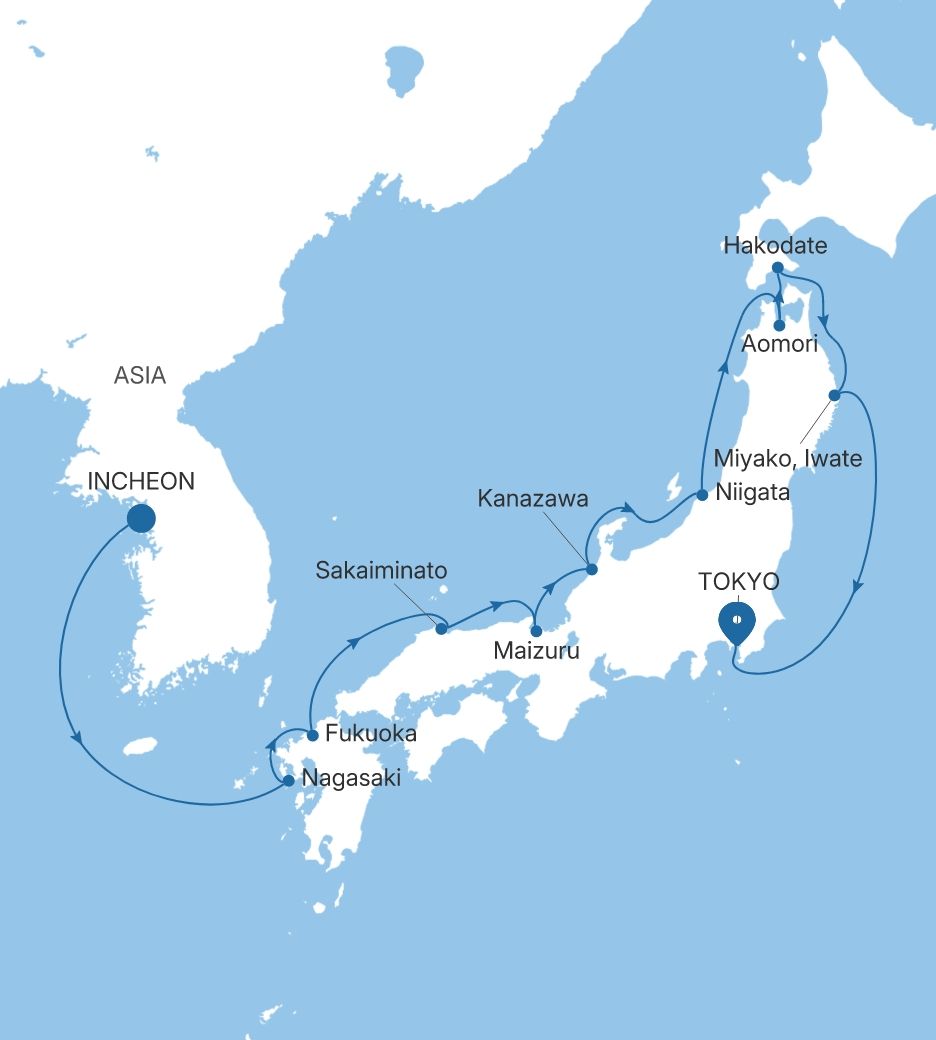 Map of Silver Whisper voyage WH280701012 from Incheon (Seoul) to Tokyo
