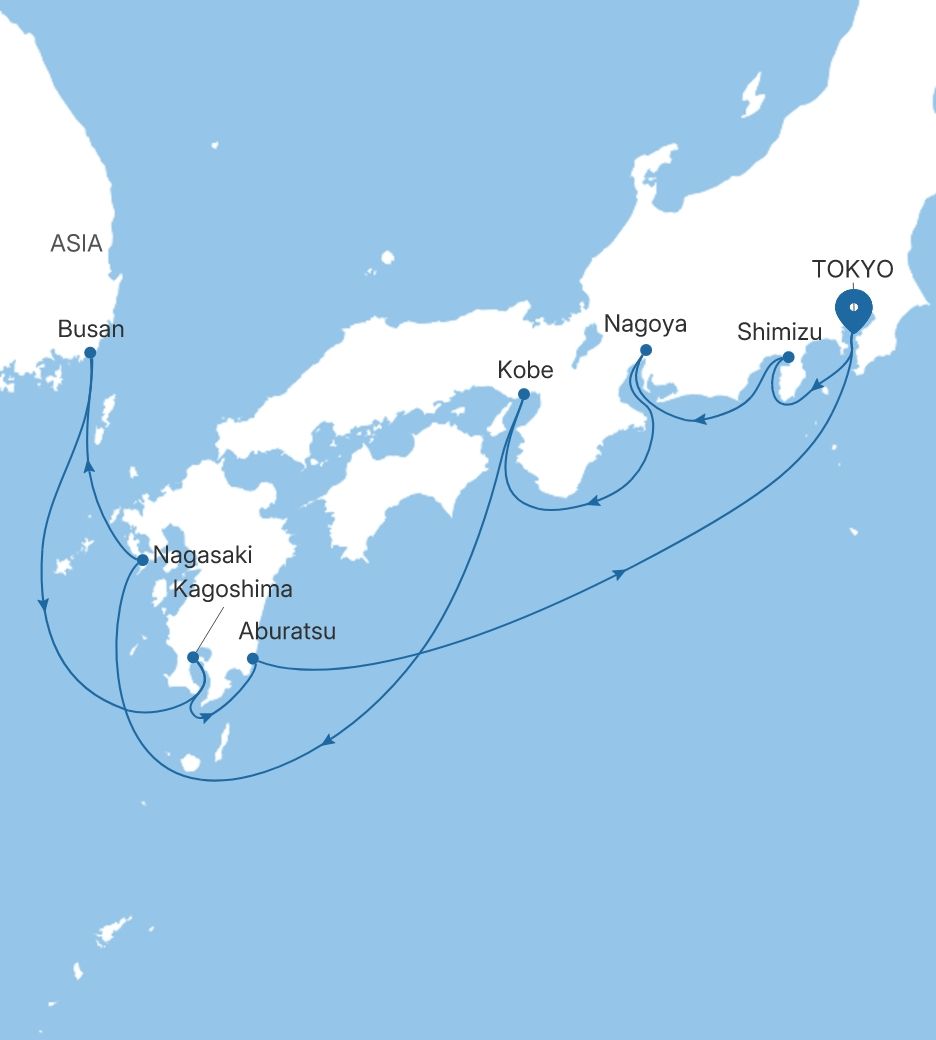Map of Silver Whisper voyage WH280713012 from Tokyo to Tokyo