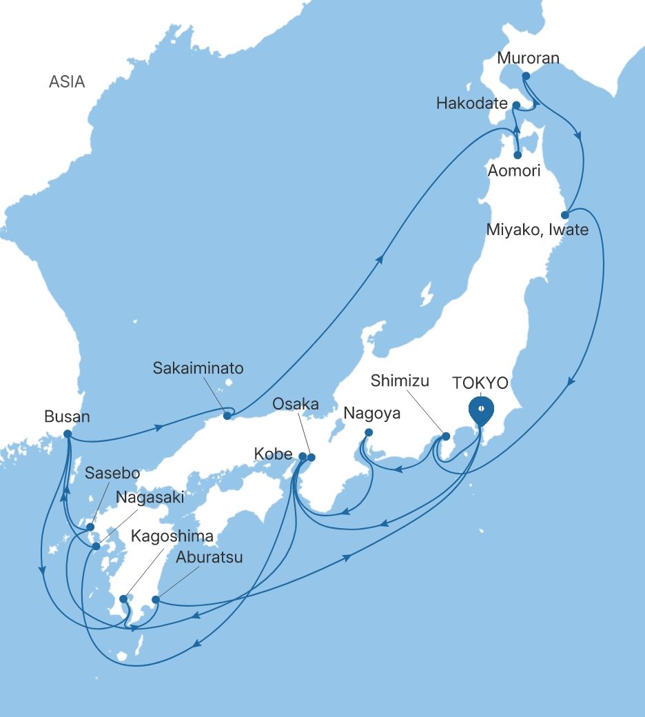 Map of Silver Whisper voyage WH280713C26 from Tokyo to Tokyo