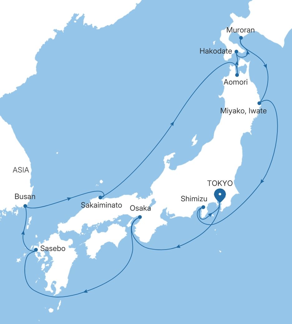 Map of Silver Whisper voyage WH280725014 from Tokyo to Tokyo