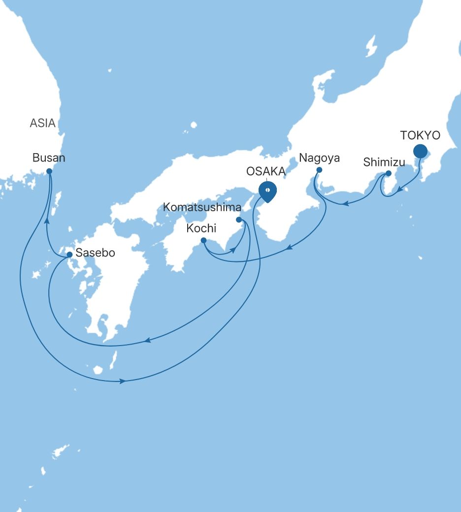 Map of Silver Whisper voyage WH280808011 from Tokyo to Osaka