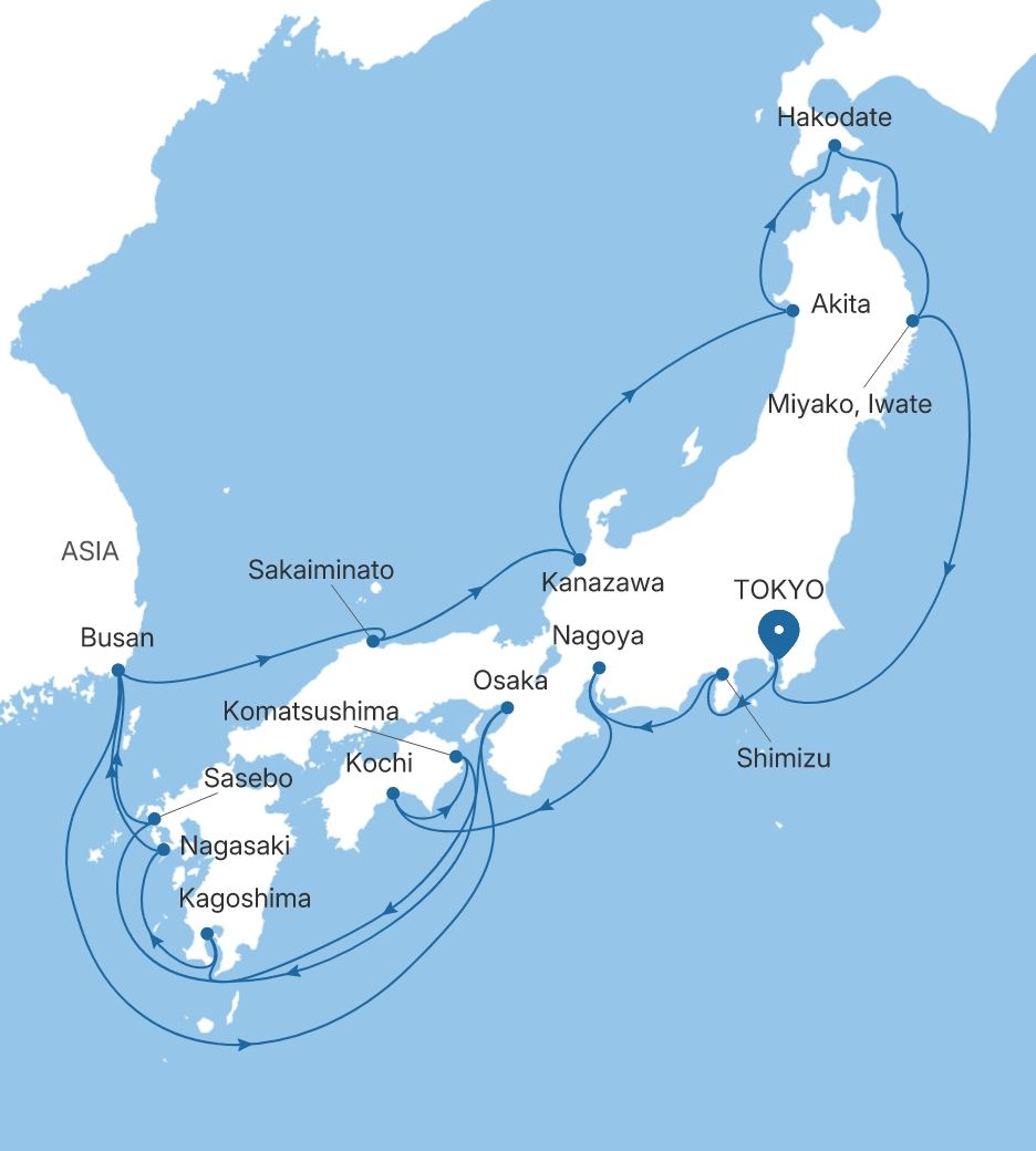 Map of Silver Whisper voyage WH280808C22 from Tokyo to Tokyo