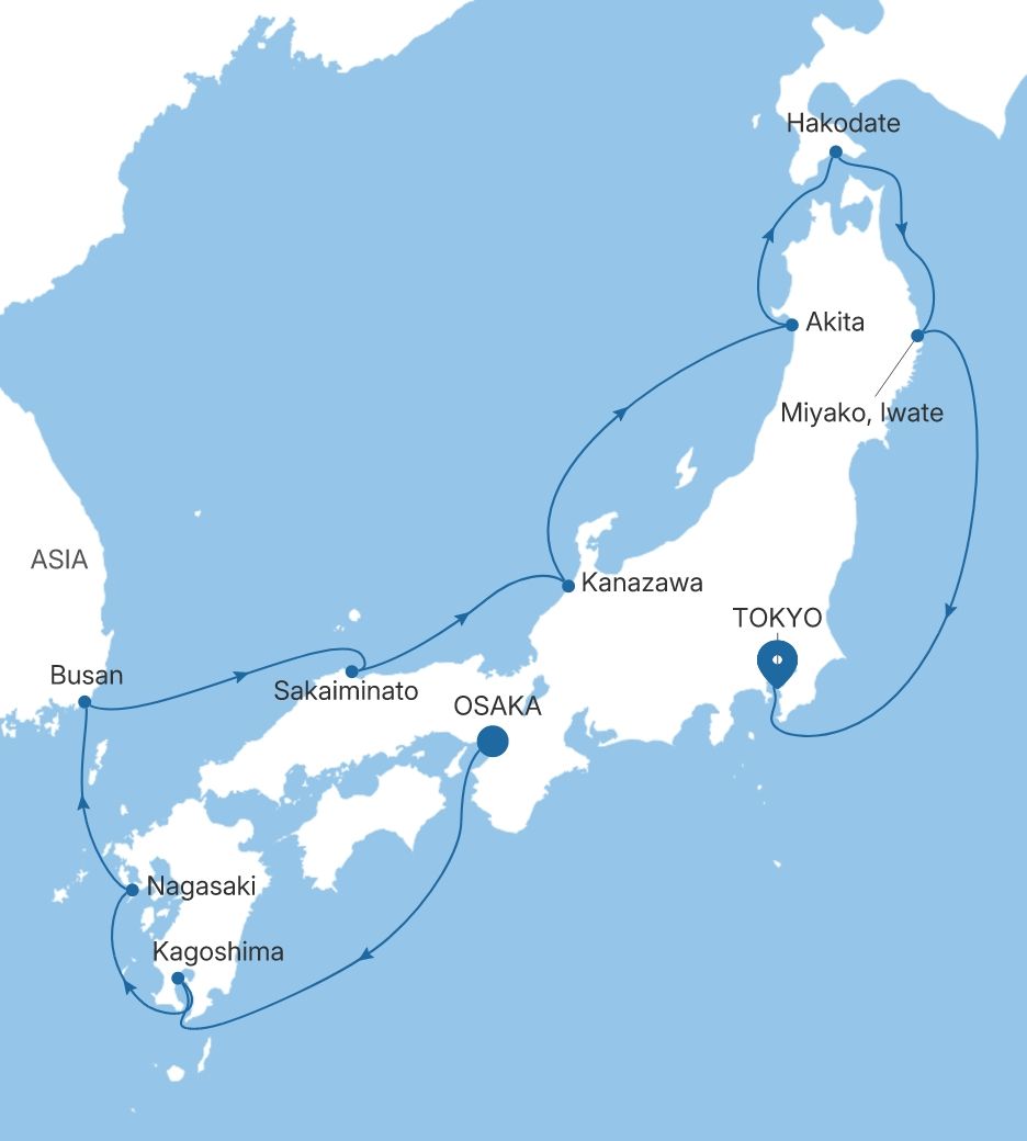 Map of Silver Whisper voyage WH280819011 from Osaka to Tokyo