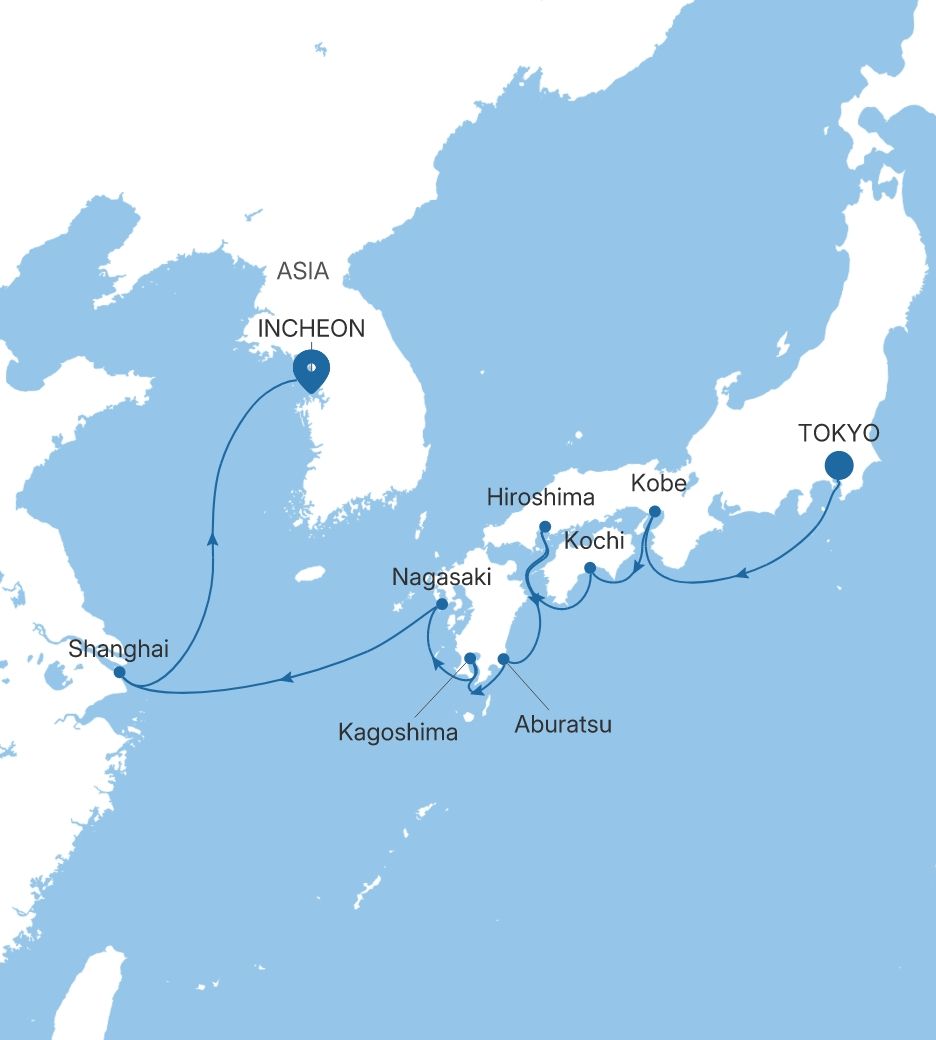 Map of Silver Whisper voyage WH280830014 from Tokyo to Incheon (Seoul)
