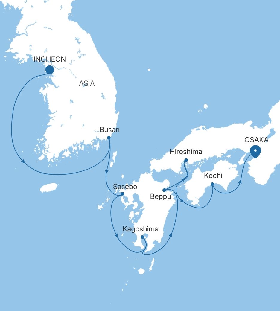 Map of Silver Whisper voyage WH280913010 from Incheon (Seoul) to Osaka