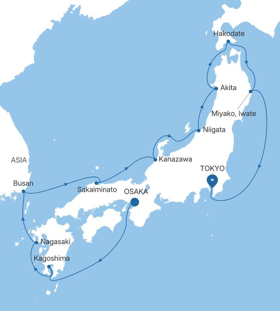 Map of Silver Whisper voyage WH280923012 from Osaka to Tokyo
