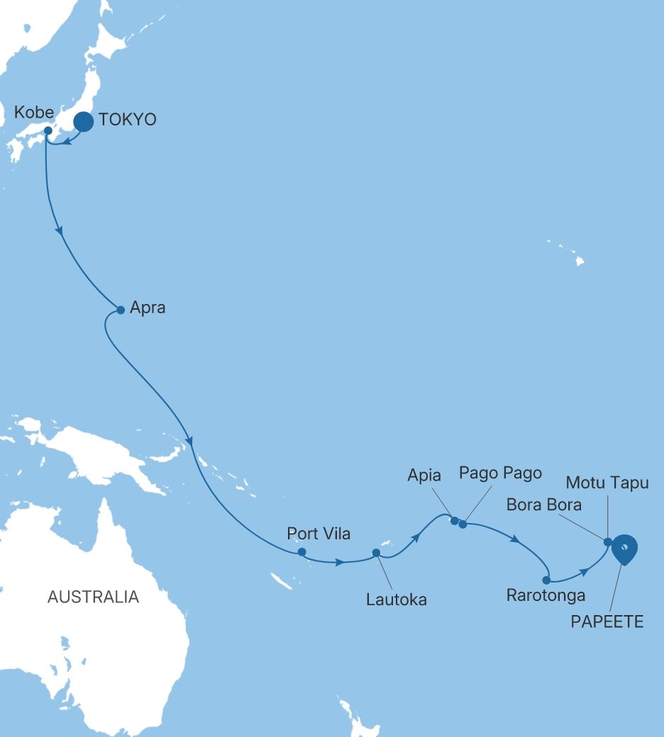 Silver Whisper Tokyo to Papeete (Tahiti) voyage WH281005C28 itinerary map