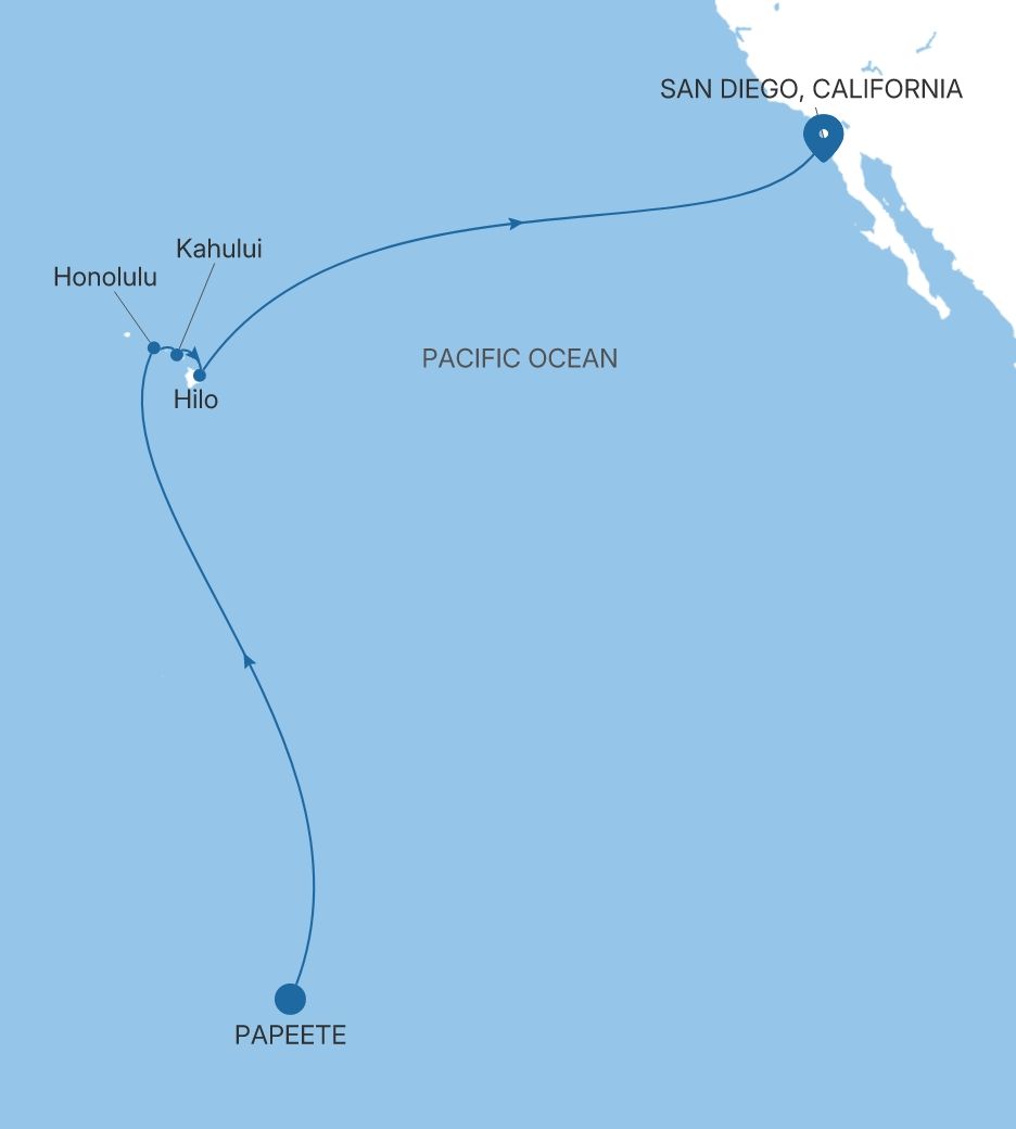 Map of Silver Whisper voyage WH281206017 from Papeete (Tahiti) to San Diego, California