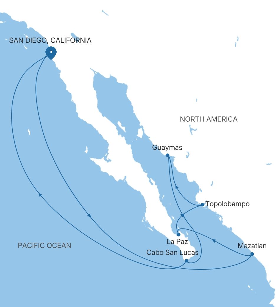 Map of Silver Whisper voyage WH281223013 from San Diego, California to San Diego, California